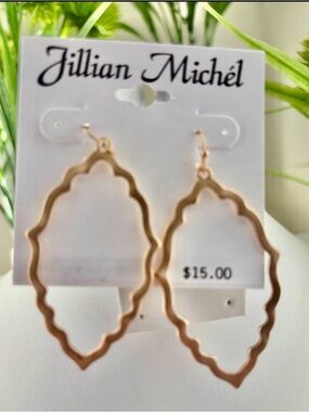 Jillian Michel Metal Leaf Moroccan Dangle oval scalloped cutout fish hook,gold